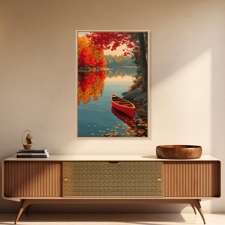 Red Autumn Maple Trees By Calm Lake With Canoe Scenic Painting Wall Art Framed Canvas Print For Home