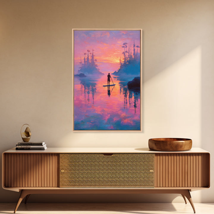 Sunset Paddleboarder On Calm Water Pink And Purple Sky Landscape Wall Art Canvas Print For Tranquil Bedroom And Living Room