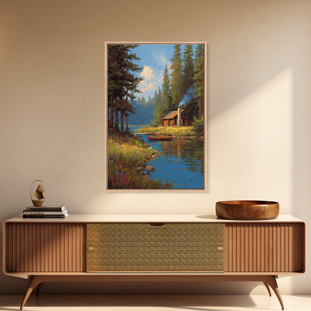 Cozy Cabin By Peaceful River Landscape Painting Canvas Print Natural Wall Art Decor Framed Canvas Print