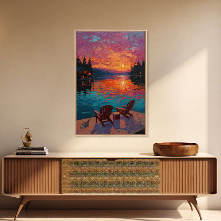 Vibrant Oil Painting Sunset Over Water With Adirondack Chairs And Cooler - Canvas Print For Cozy Wall Art And Relaxing Outdoor Home Decor