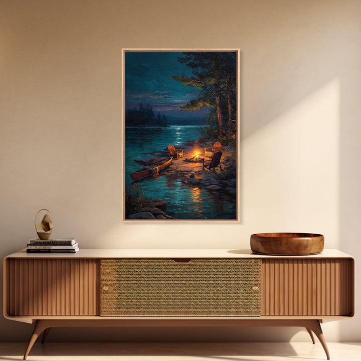 Peaceful Lakeside Campfire Scene Painting Wall Art Featuring Canoe And Adirondack Chairs Perfect For Cozy Living Room Decor