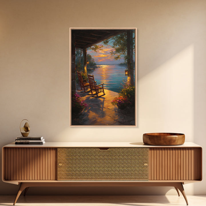 Peaceful Lakeside Porch Sunset With Rocking Chairs Oil Painting Wall Art Framed Canvas Print For Cozy Home Decor