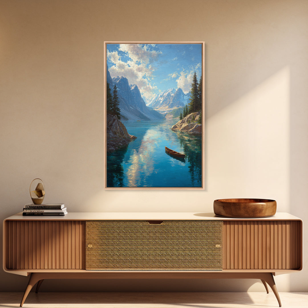 Majestic Mountain Lake Landscape Painting With Canoe In Foreground Vibrant And Serene Nature Scene Wall Art Print For Rustic Living Room Decor Canvas Print