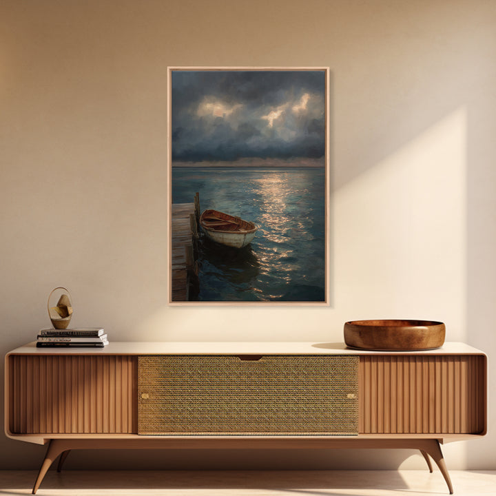 Serene Boat At Dock Under Dramatic Cloudy Sky Sunset Seascape Canvas Print For Coastal Living Room Decor Wall Art