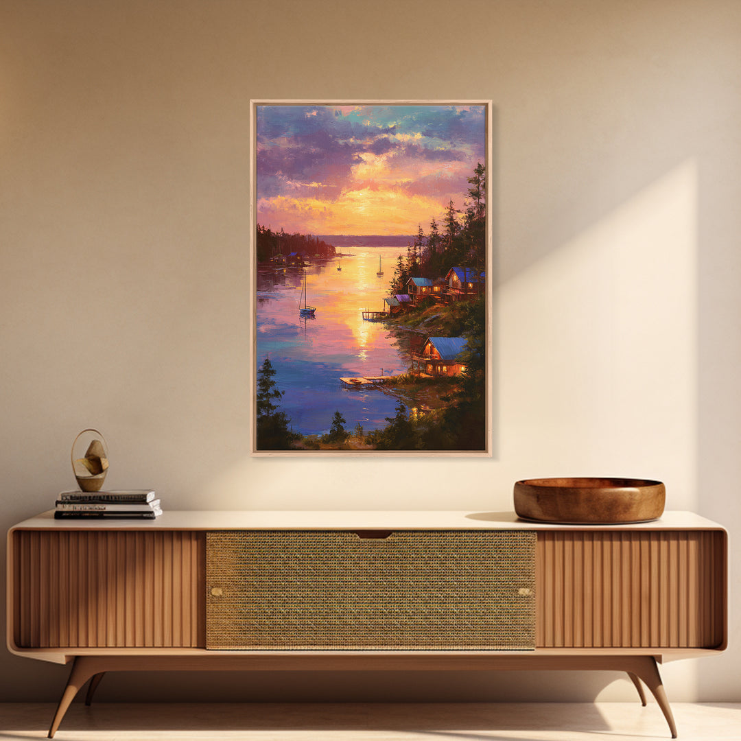 Sunset Lake House Fine Art Oil Painting Wall Art Framed Canvas Print Cozy Landscape Home Decor For Living Room