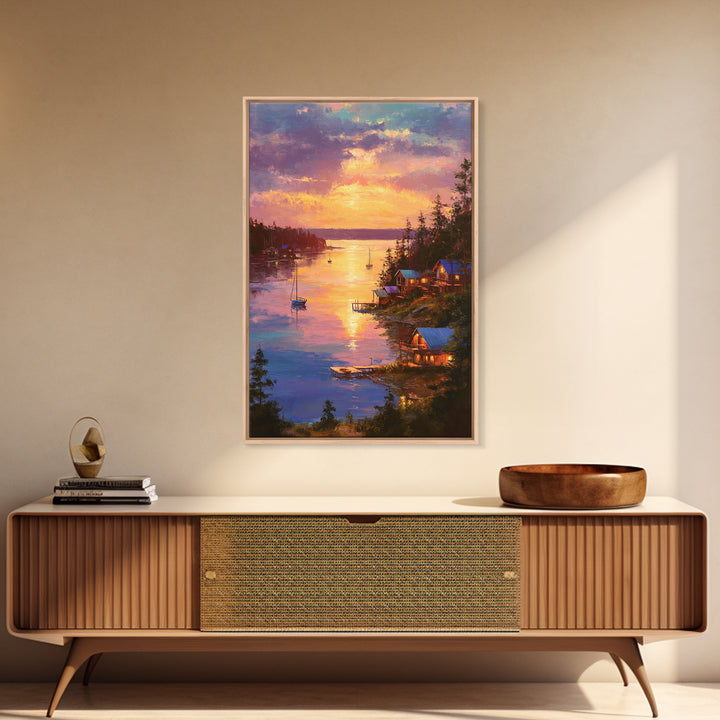 Sunset Lake House Fine Art Oil Painting Wall Art Framed Canvas Print Cozy Landscape Home Decor For Living Room