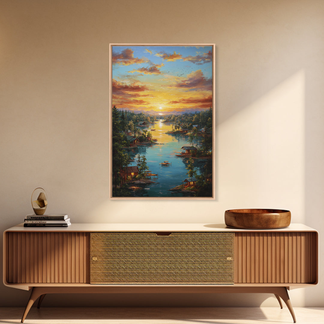 Peaceful Lakeside Village At Sunset Landscape Painting Framed Canvas Print Tranquil Wall Art For Rustic And Cozy Home Decor