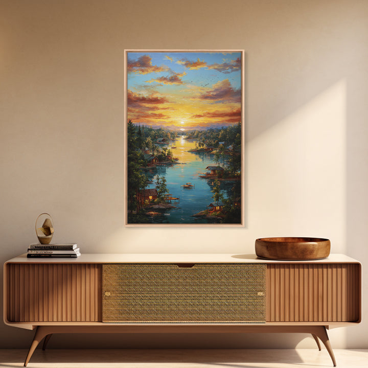 Peaceful Lakeside Village At Sunset Landscape Painting Framed Canvas Print Tranquil Wall Art For Rustic And Cozy Home Decor