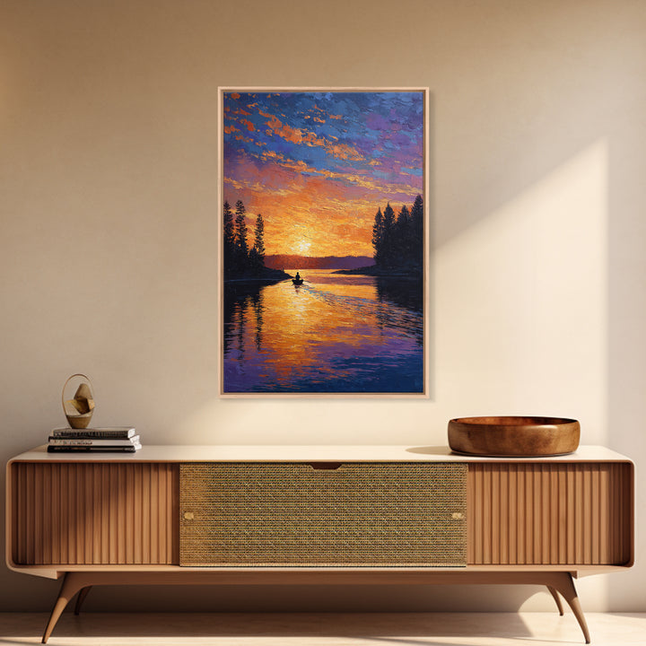 Vibrant Sunset Over Peaceful Lake With Lone Boatman Silhouette Wall Art Framed Canvas Print For Living Room Decor