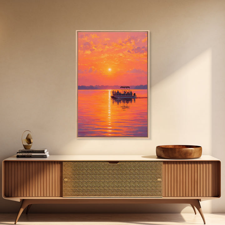 Sunset Boat On Calm Water Painting With Vibrant Orange Hues Capturing Peaceful Twilight Scene Large Wall Art Canvas Print For Living Room Decor And Gift