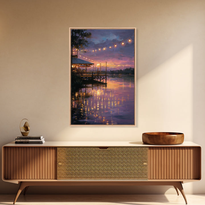 Sunset Pier Scene With Soft Glow And String Lights Romantic Evening Canvas Print Wall Art For Dining Room Living Room And Home Decor