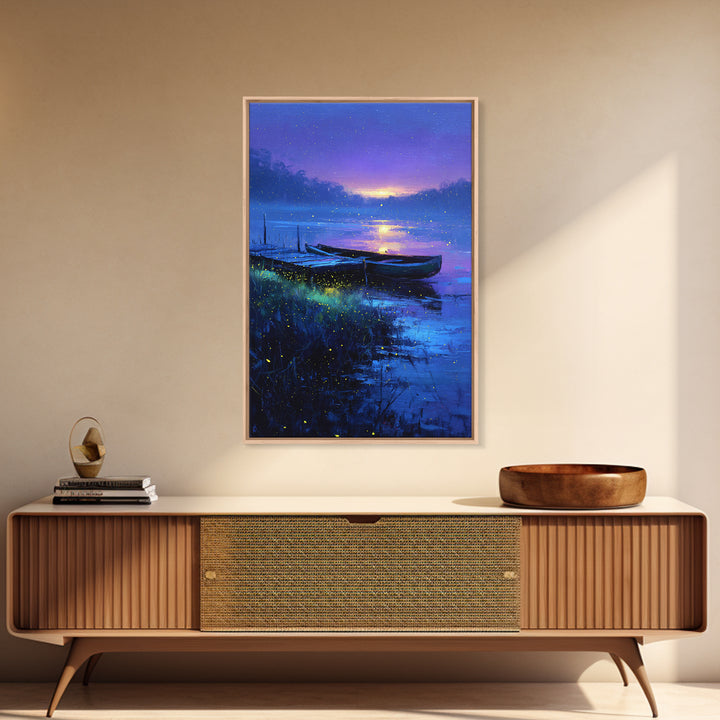 Serene Twilight Lake With Boats Painting Canvas Print Wall Art For Relaxing Home Decor Or Office Space Accent