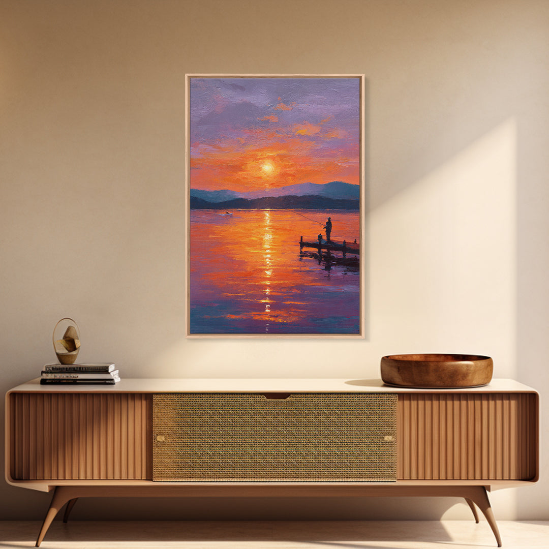 Peaceful Sunset Fishing Oil Painting Wall Art Framed Canvas Print For Living Room Decor And Rustic Home