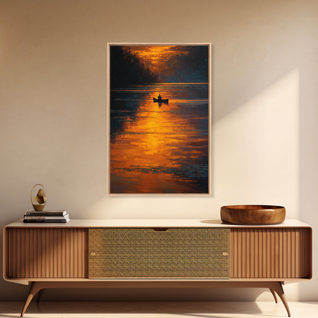 Serene Sunset Landscape With Boat On Calm Lake Oil Painting Canvas Print For Cozy Living Room Decor And Nature Wall Art