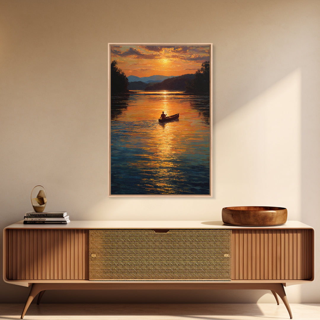 Tranquil Sunset Canoe Scene Oil Painting Wall Art Framed Canvas Print For Living Room Home Decor