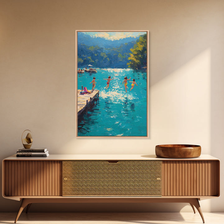 Children Jumping Into A Lake Summer Scene Painting Fine Art Canvas Print Relaxing Wall Art Decor