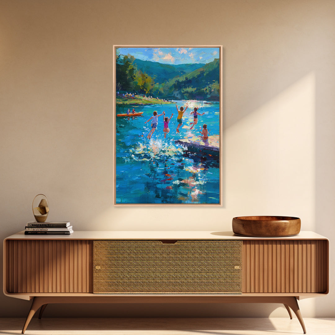 Children Playing At Summer Lake Scene Joyful Landscape Painting Large Wall Art Canvas Print