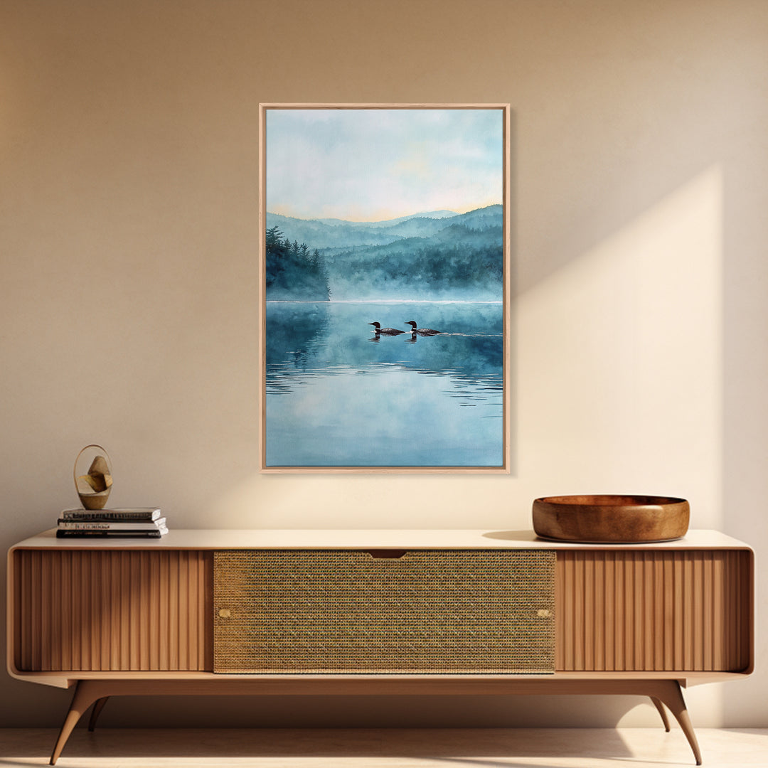 Serene Lake With Two Loons At Dawn Landscape Wall Art Misty Forest Canvas Print For Nature Lovers Home Decor