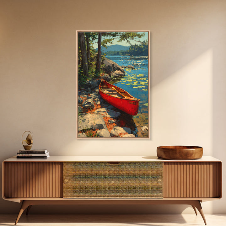 Vibrant Red Canoe On Lush Lakeside Nature Landscape Oil Painting Canvas Print For Cabin Decor And Rustic Wall Art