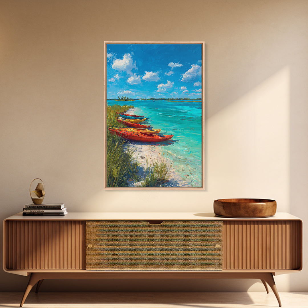 Bright Kayaks By Turquoise Water Under Blue Sky Canvas Print Large Coastal Wall Art For Living Room Decor