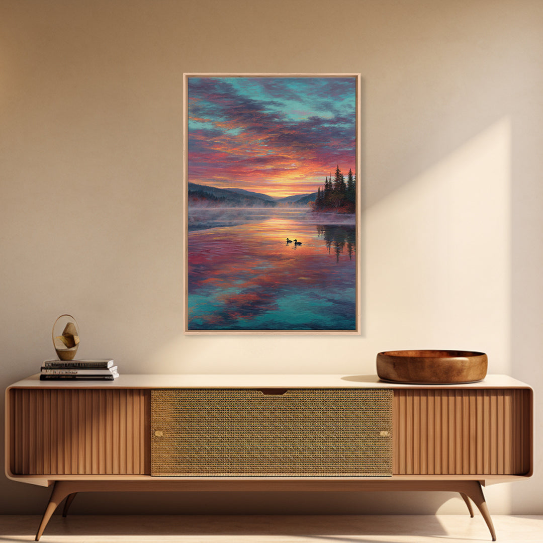 Serene Misty Mountain Sunset Landscape With Ducks On Lake Fine Art Canvas Print For Living Room Wall Decor