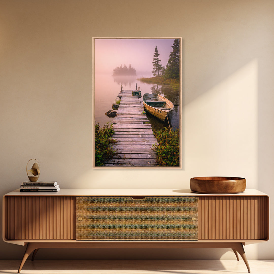 Peaceful Foggy Lake Morning With Wooden Dock Wall Art Canvas Print For Rustic Cabin And Home Decor