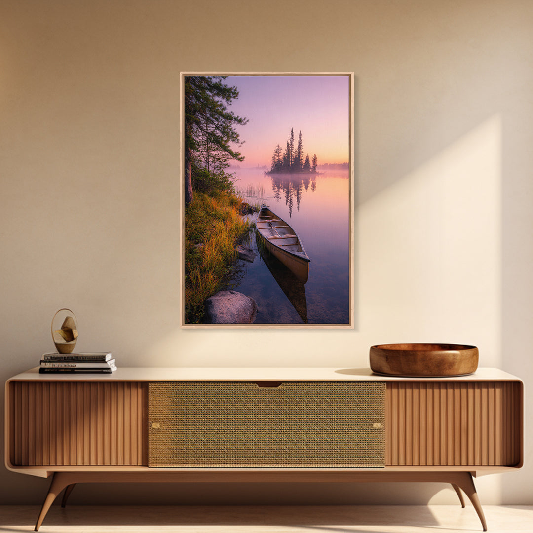 Tranquil Misty Lake With Canoe At Sunrise Scenic Landscape Painting For Calming Bedroom Wall Decor And Peaceful Home Decor Framed Canvas Print Wall Art