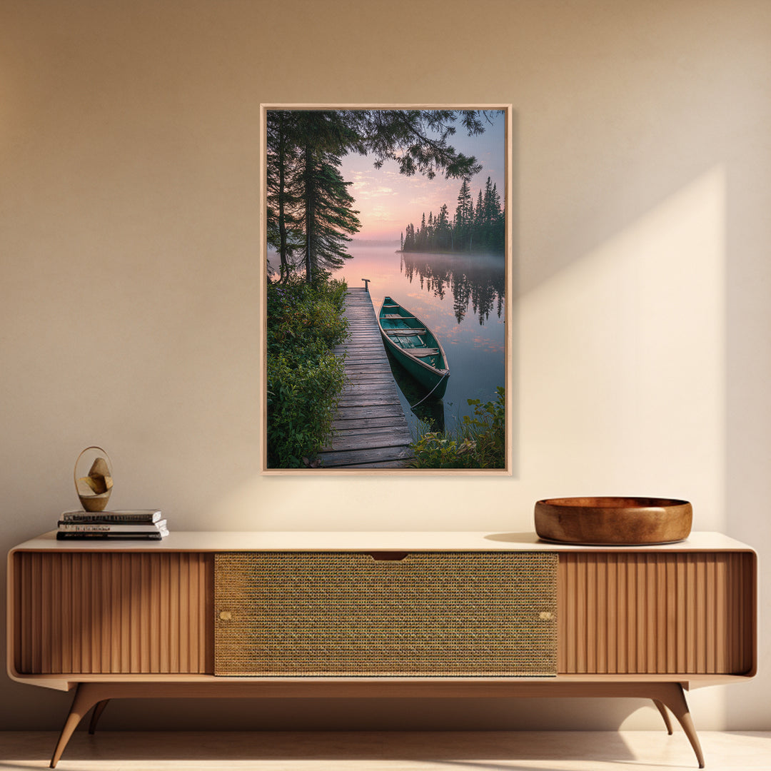 Serene Lake Dock With Canoe Landscape Wall Art Nature Photography Calm Framed Canvas Print