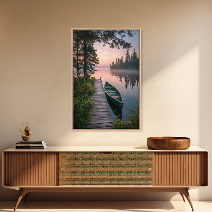 Serene Lake Dock With Canoe Landscape Wall Art Nature Photography Calm Framed Canvas Print