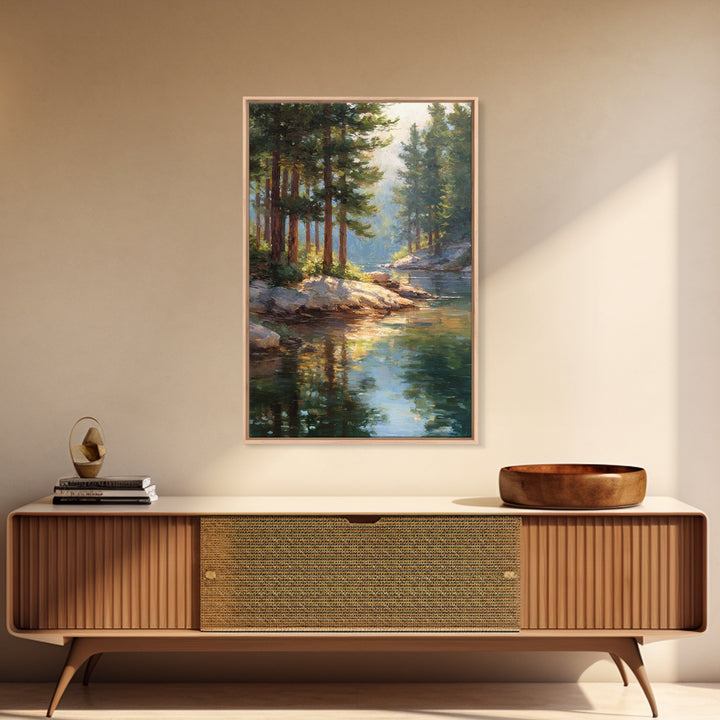 Serene Pine Forest Landscape With River Reflection In Oil Painting Medium Perfect Wall Art Canvas Print