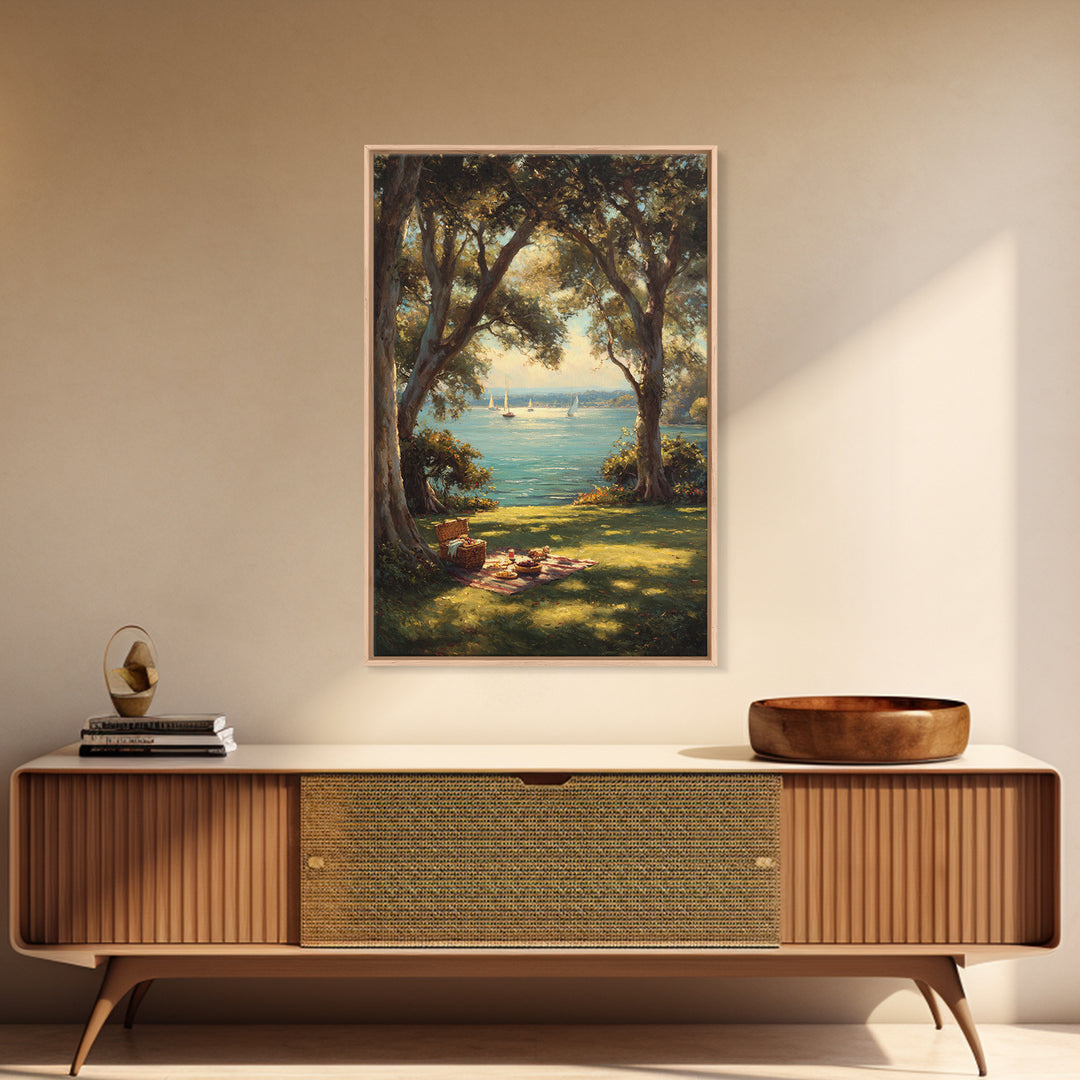 Peaceful Lakeside Picnic Painted Landscape Oil Painting Art Print Framed Canvas Print For Rustic Home Decor And Cabin Wall Art