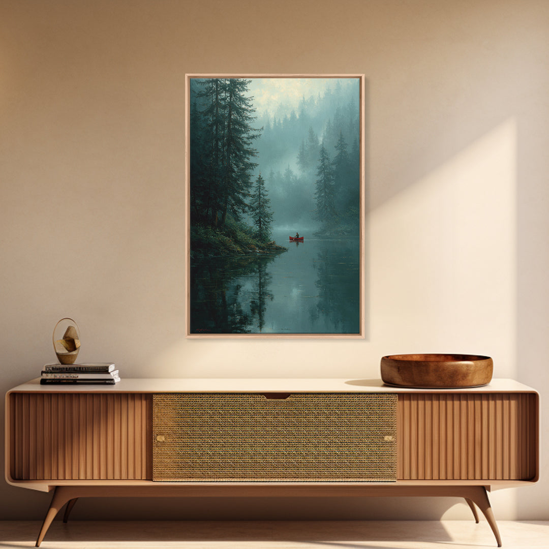 Serene Sunset Over Misty Lake Cabin With Orange Sky Wall Art Framed Canvas Print For Cozy Rustic Home And Bedroom Decor