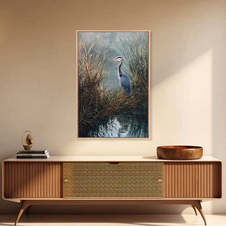 Realistic Blue Heron In Marshland Nature Scene Wall Art Fine Art Print Coastal Wall Decor Framed Canvas Print