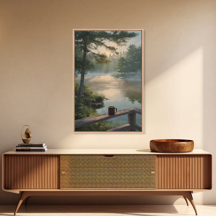 Peaceful Morning River Scene With Coffee Cup Landscape Wall Art Serene Nature Canvas Print For Cozy Home And Bedroom Decor