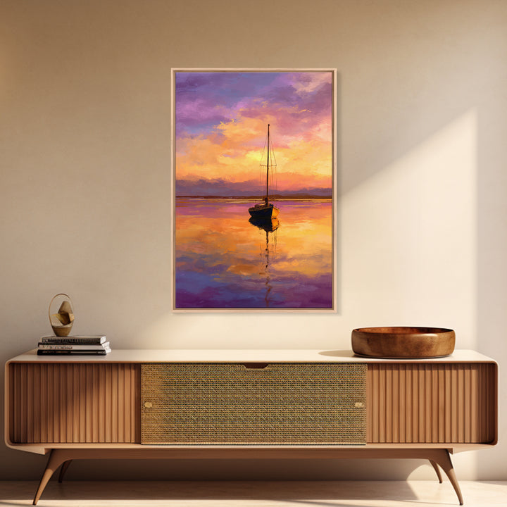 Colorful Sailboat At Sunset Over Calm Water Ocean Scene Painting | Tranquil Wall Art Modern Home Decor Framed Canvas Print