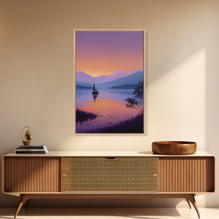 Tranquil Sailboat On Lake At Sunset With Purple Mountains Oil Painting Canvas Print Wall Art For Bedroom Decor And Nautical Lovers