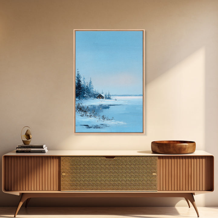 Winter Landscape With Snowy Trees And Cabin Cozy Calm Scene Canvas Print Wall Art For Bedroom Living Room And Rustic Home Decor