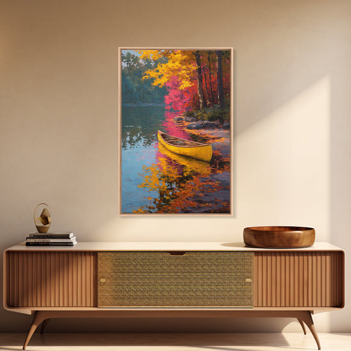 Serene Yellow Canoe On Reflective Autumn Lake Landscape Painting Framed Canvas Print for Peaceful Wall Art And Living Room Decor
