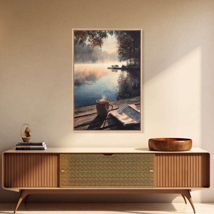Cozy Lakeside Morning With Steam Rising Over Coffee Mug Watercolor Painting Wall Art Print For Bedroom Or Reading Nook