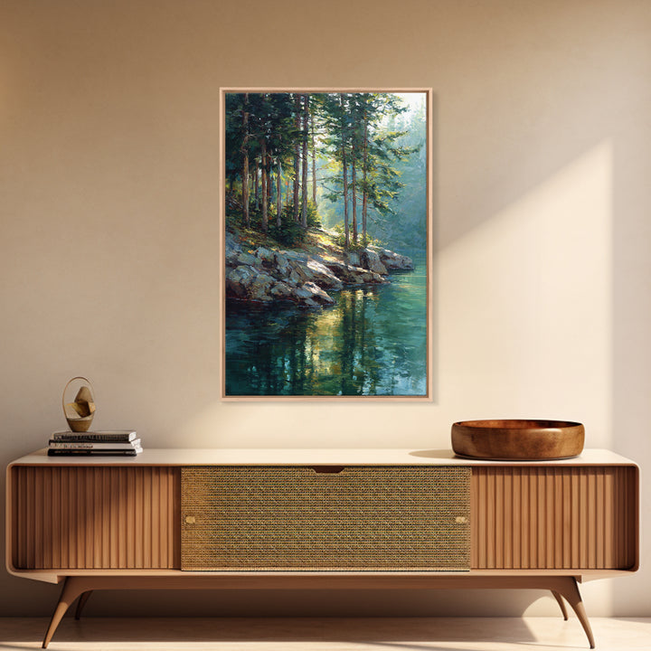 Sunlit Pine Forest Lake Painting Wall Art, Nature Landscape Art Print, Cabin Decor, Rustic Living Room Wall Decor Gift For Her