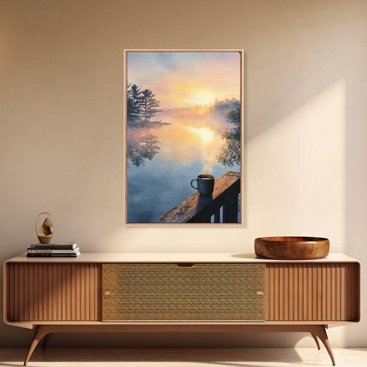 Calm Sunlit Lake At Dawn Watercolor Painting Canvas Print, Peaceful Landscape Wall Art, Soothing Home Decor Art
