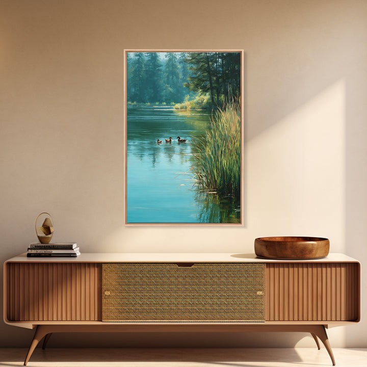 Tranquil Ducks On A Calm Lake Nature Scene Oil Painting Canvas Print For Rustic Living Room Wall Art And Cabin Home Decor