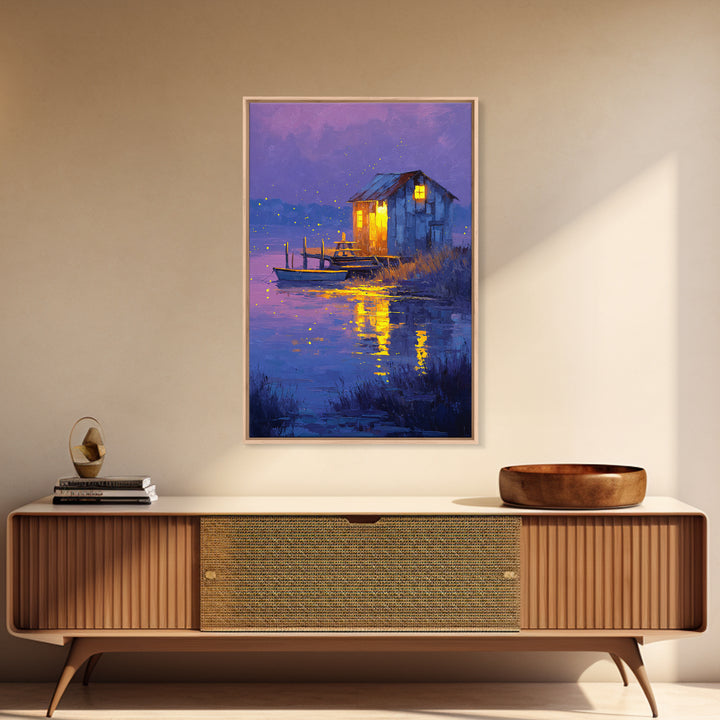 Rustic Night Lakeside Cabin With Boat Oil Painting Wall Art For Cozy Living Room Decor And Tranquil Bedroom Framed Canvas Print