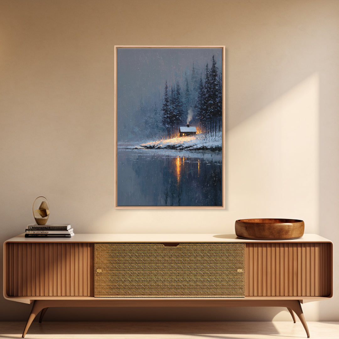 Cozy Winter Cabin Snowy Landscape Lake Reflection Oil Painting Canvas Print Framed Wall Art For Rustic Decor