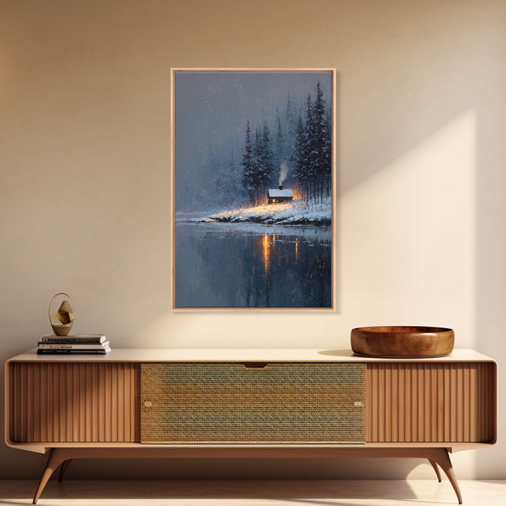 Cozy Winter Cabin Snowy Landscape Lake Reflection Oil Painting Canvas Print Framed Wall Art For Rustic Decor