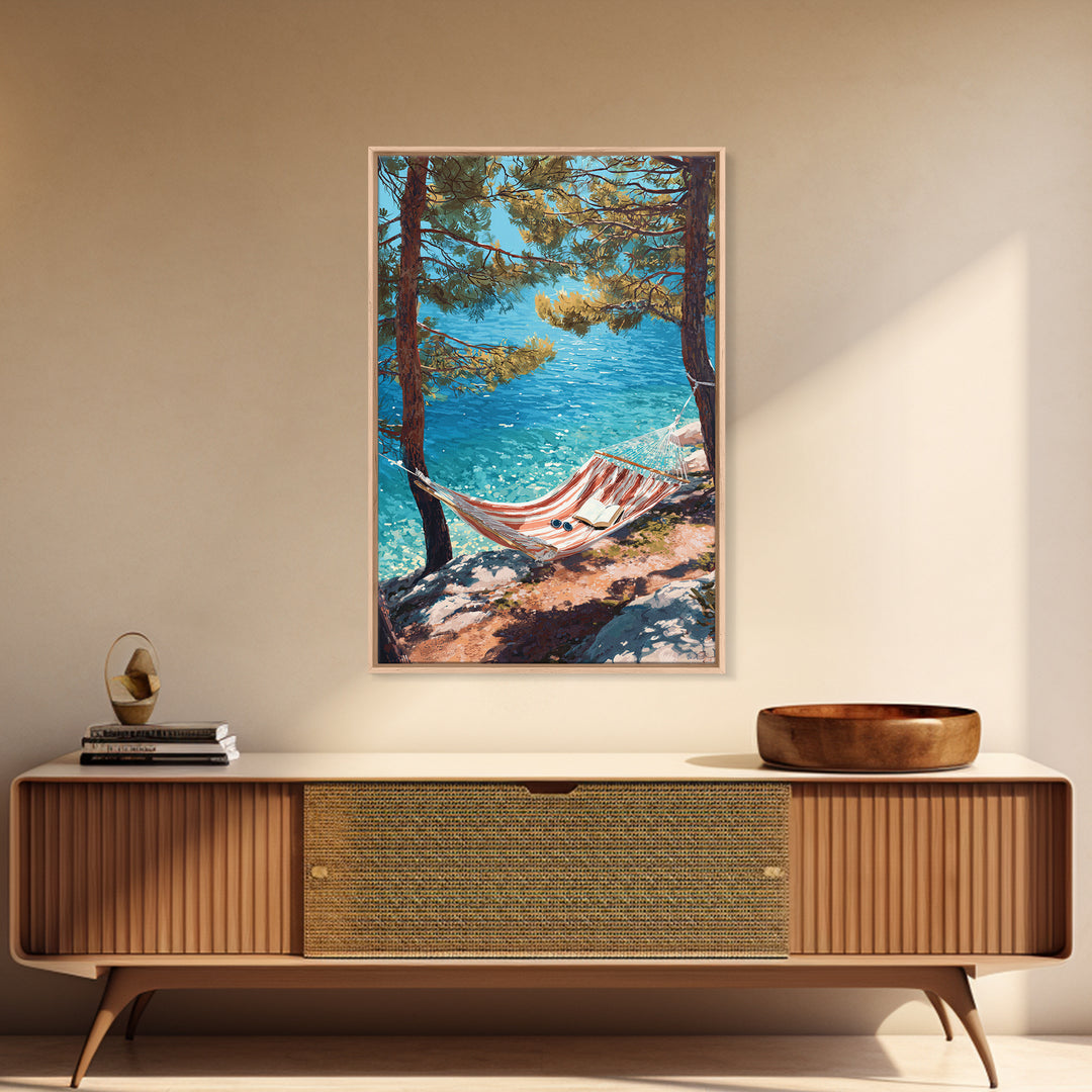 Tranquil Coastal Scene With Hammock Overlooking Sparkling Blue Ocean Landscape Painting Canvas Print Framed Canvas Print Wall Art Decor