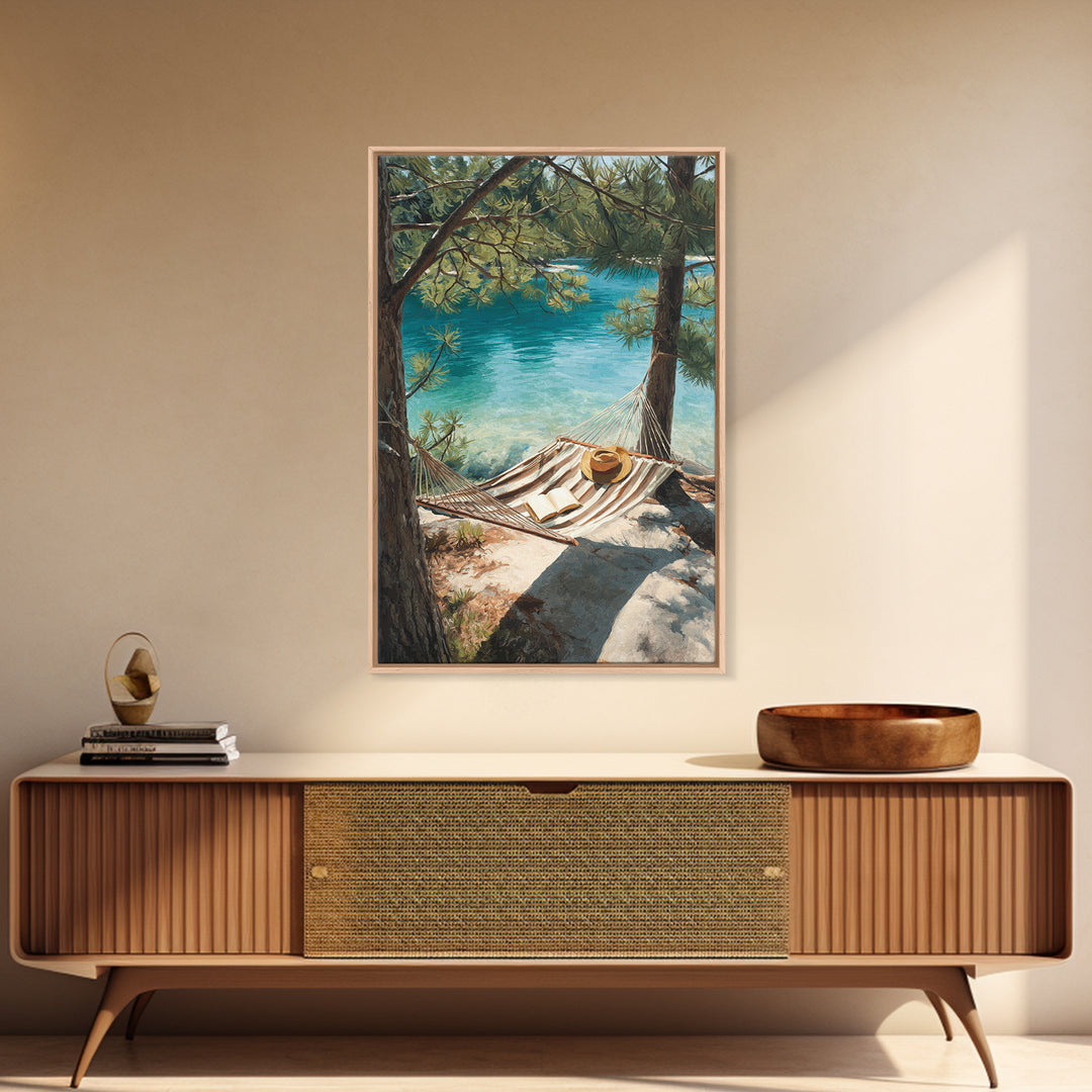 Tranquil Lakeside Hammock Scene Canvas Print, Relaxing Summer Vacation Wall Art, Cozy Home Decor Living Room Art