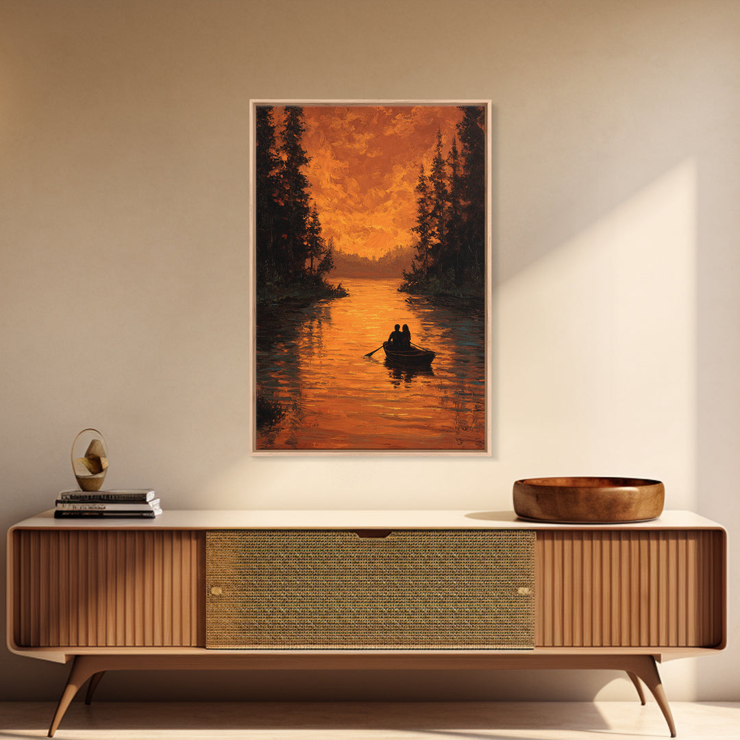 Romantic Autumn Evening Couple Rowing Boat Sunset Landscape Painting Large Wall Art Framed Canvas Print