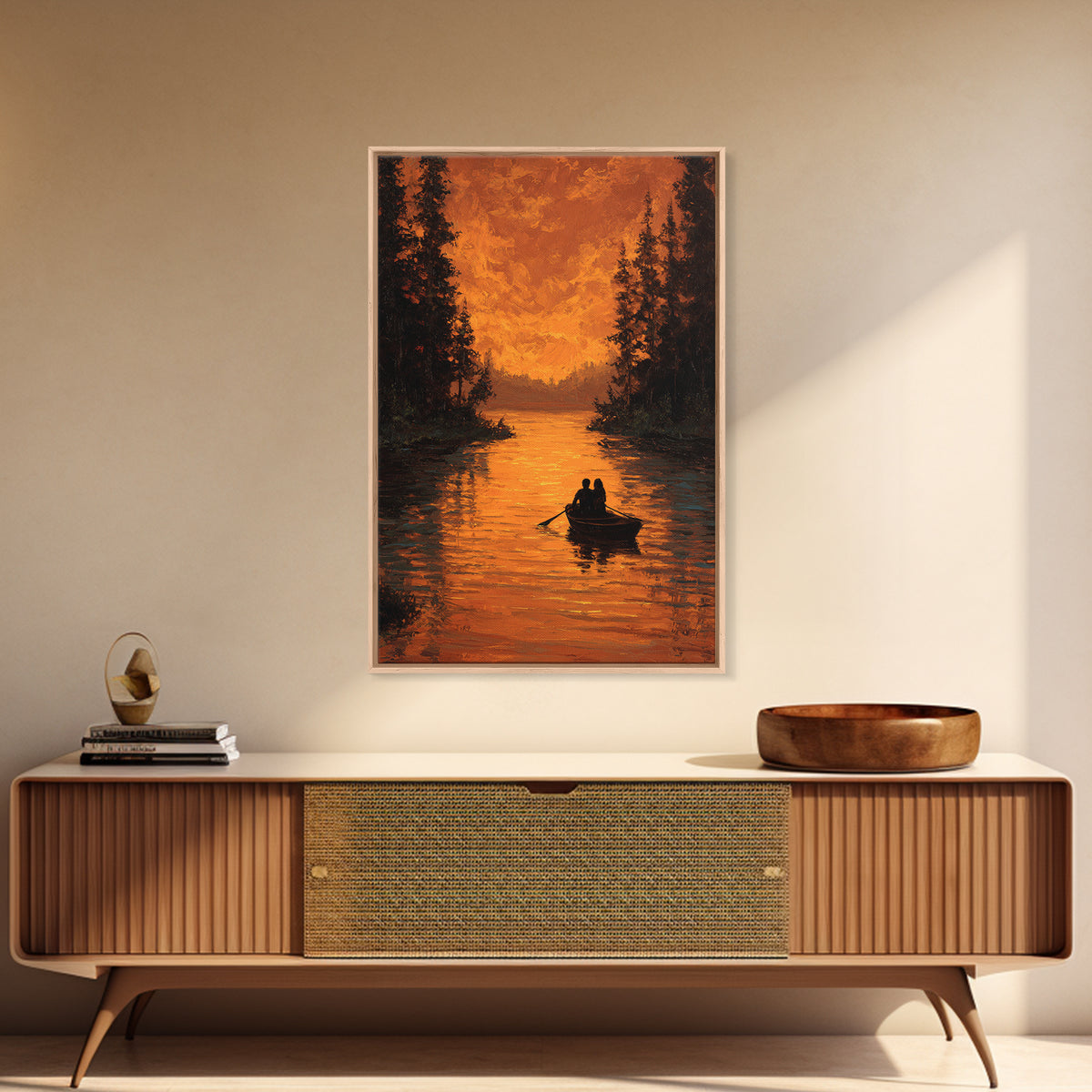 Romantic Autumn Evening Couple Rowing Boat Sunset Landscape Painting Large Wall Art Framed Canvas Print