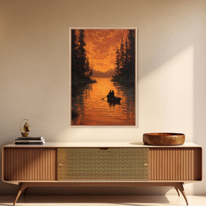 Romantic Autumn Evening Couple Rowing Boat Sunset Landscape Painting Large Wall Art Framed Canvas Print